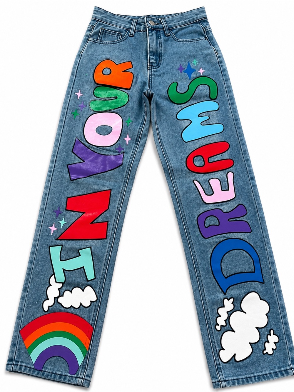 In Your Dreams Rainbow Graphic Baggy Straight Leg Jeans Size S Y2K
